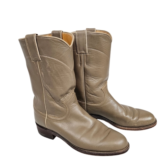 Vintage 70s Justin Boots Taupe Leather Mid Calf Western Cowgirl Boots Size 7B - Picture 13 of 14